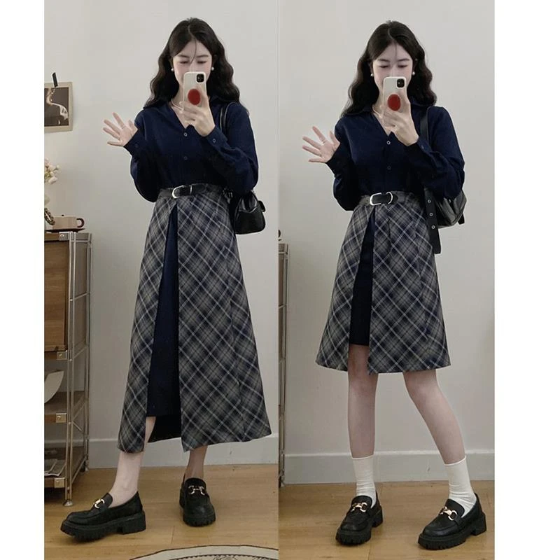 哥弟阿玛施正品大码复古假两件长袖连衣裙女春季高级感衬衫裙胖MM