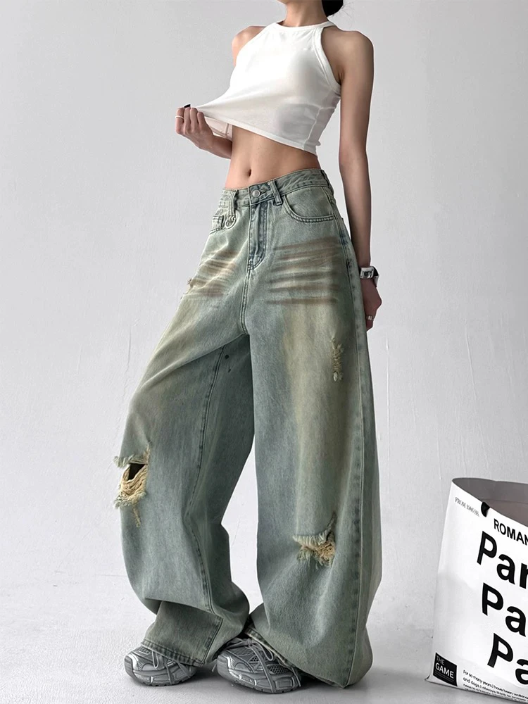 【有瑕疵 介意勿拍】复古扎染破洞牛仔裤女