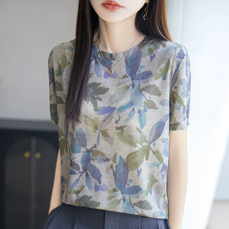 哥弟阿玛施正品夏印花冰丝休闲设计感修身洋气短袖通宽松圆领上衣