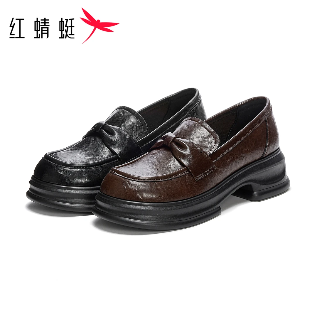 红蜻蜓女士秋季高跟纯色百搭复古法式英伦风圆头厚底时尚乐福鞋