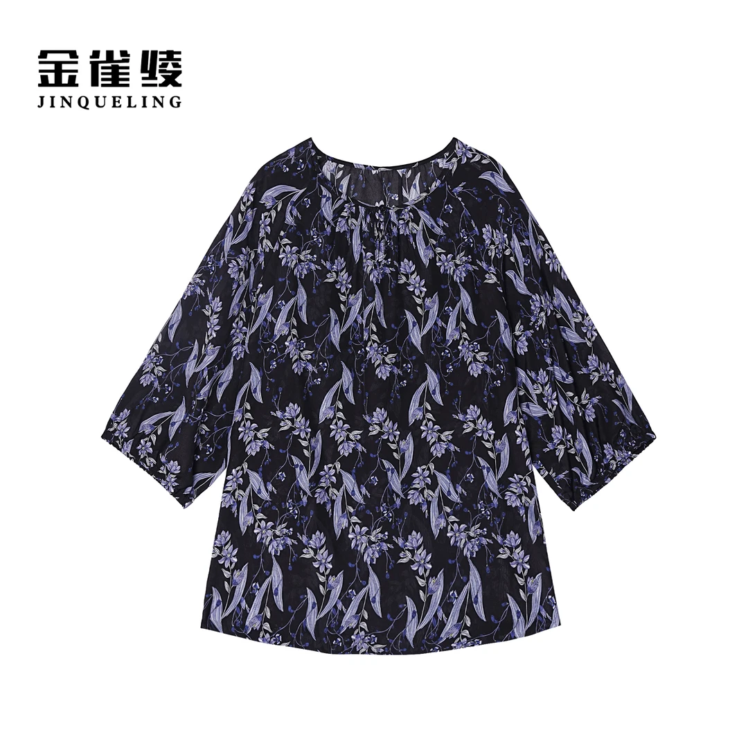 金雀绫【月下紫罗兰】100桑蚕丝透气舒适碎花显瘦大码衬衫SZA1S244