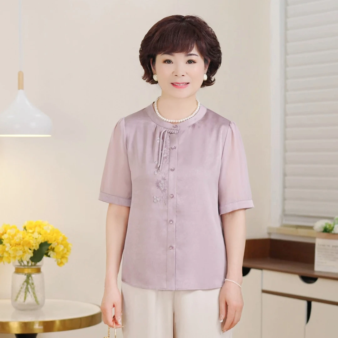 MUYUEZI/中年妈妈夏季新款洋气中老年时尚大码新中式绣花上衣套装