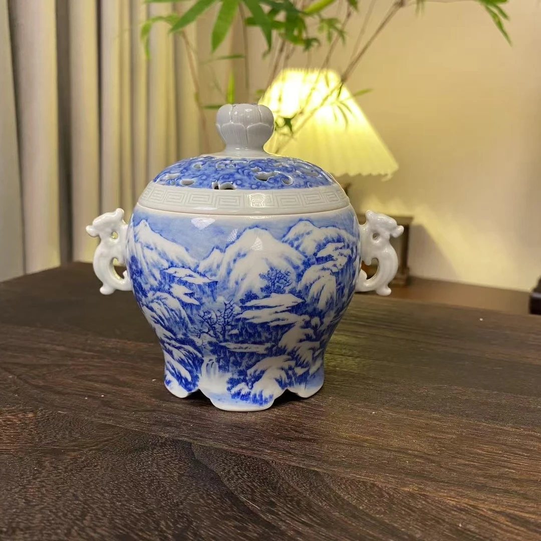 【四悦茶陶】镂空雕刻雪景香炉 景德镇陶瓷手工手绘高档