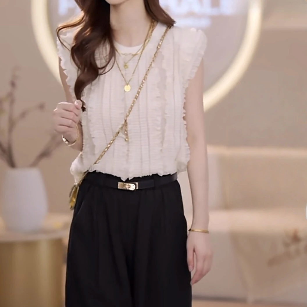 法式圆领蕾丝无袖立体重工小衫女2025夏季新款设计感时尚显瘦上衣