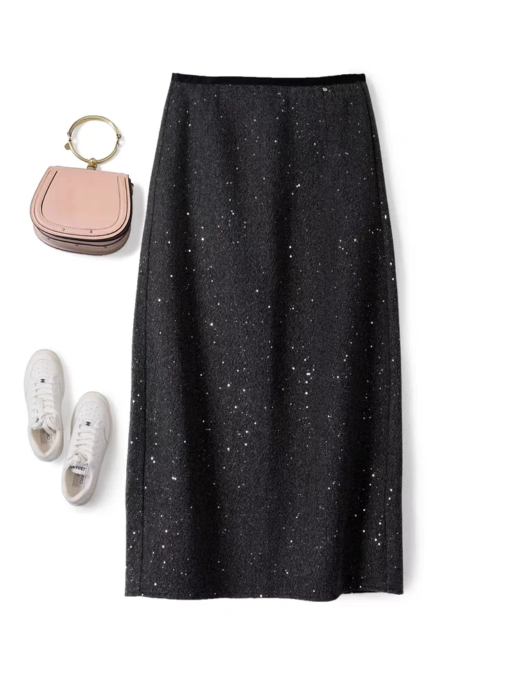 8199冬季加绒加厚后开叉细闪半身裙