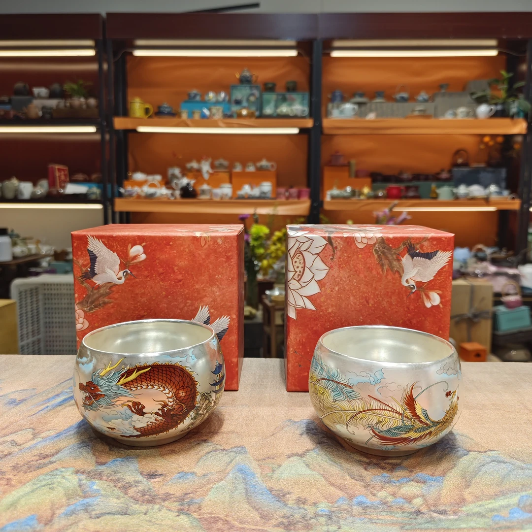 玲珑 瓷胎包银鎏银龙凤禅定对杯主人杯茶杯品茗杯礼盒装-2386