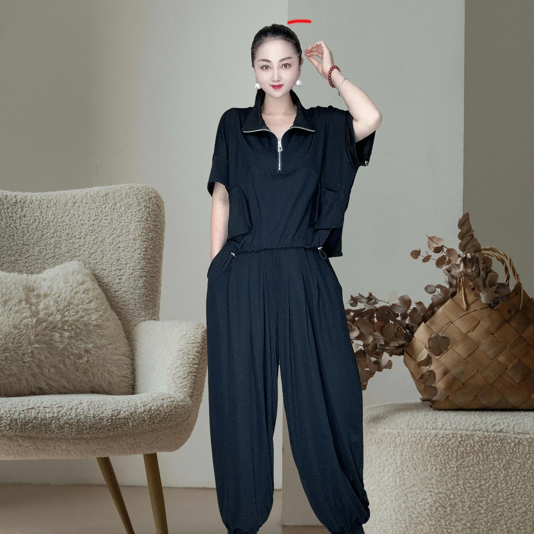 夏季休闲套装抽绳休闲风T恤显瘦白色高领拼接中老年气质减龄穿搭