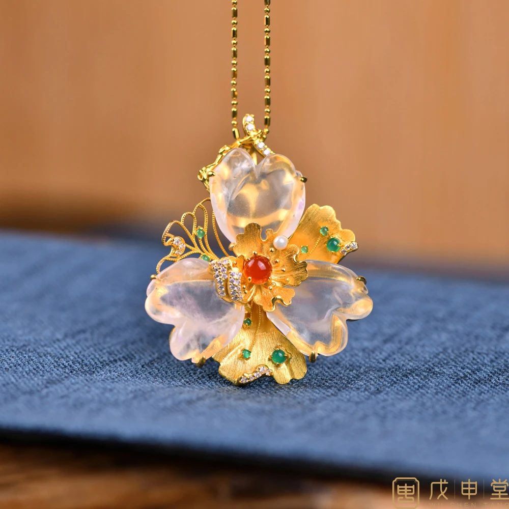 戊申堂【绽放 · 沁心】水晶花瓣吊坠 国风珠宝