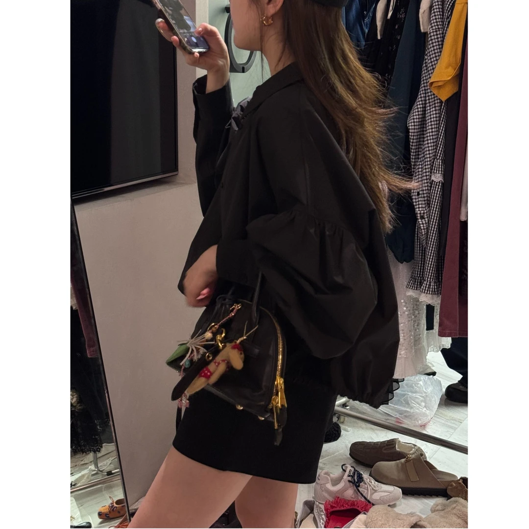 短款系带泡泡袖衬衣  J24C195