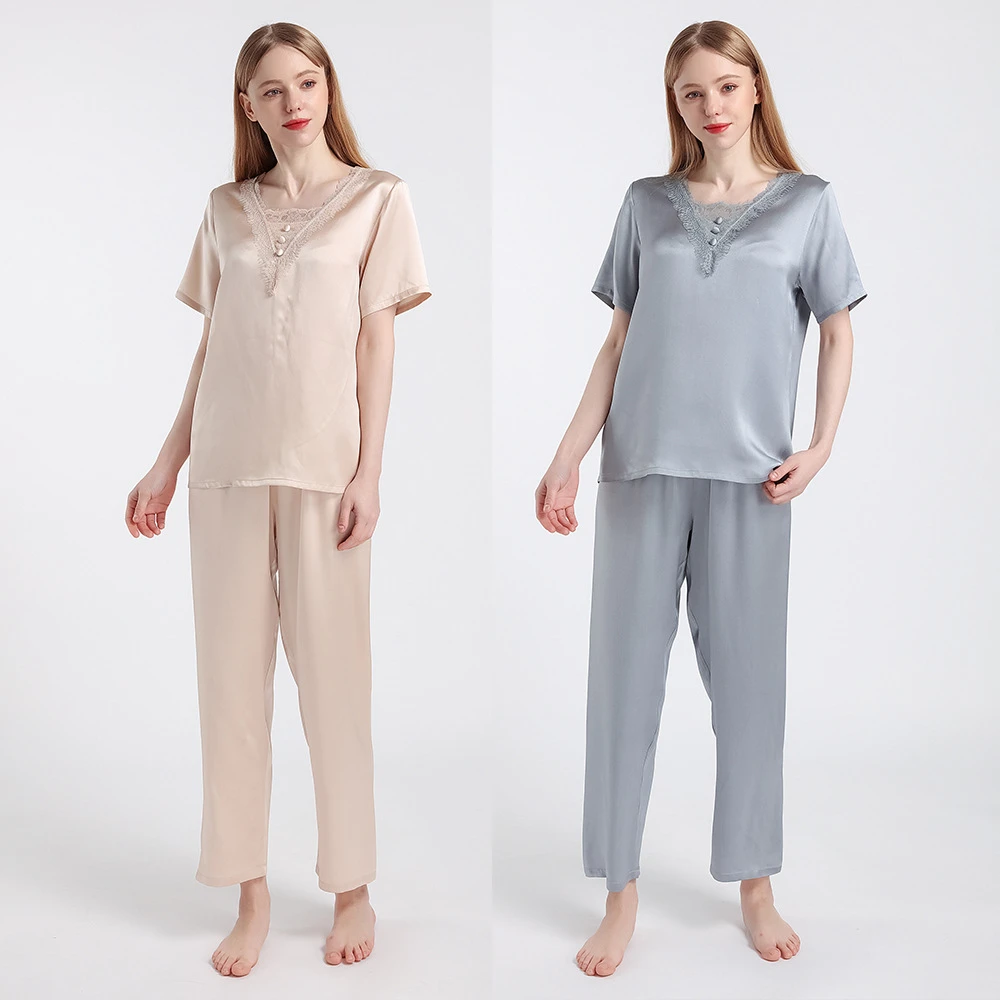 真丝睡衣居家女薄款短袖长裤两件套装爆款桑蚕丝丝绸家居服