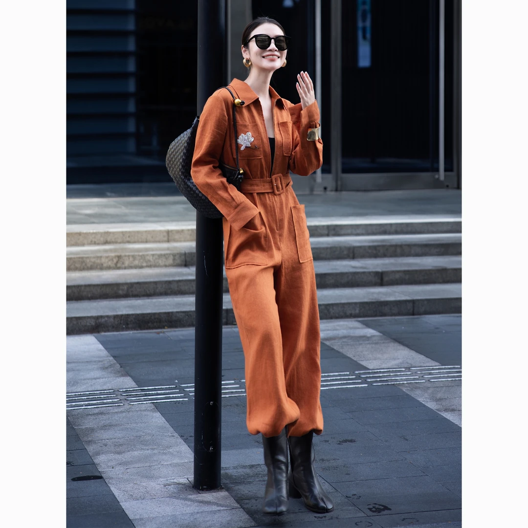 ZEROYK港风复古连体衣设计感100亚麻钉珠宽松显瘦工装连衣阔腿裤