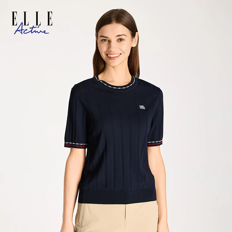 ELLE Active夏季圆领针织衫精致提花短袖T恤女装撞色休闲百搭上衣