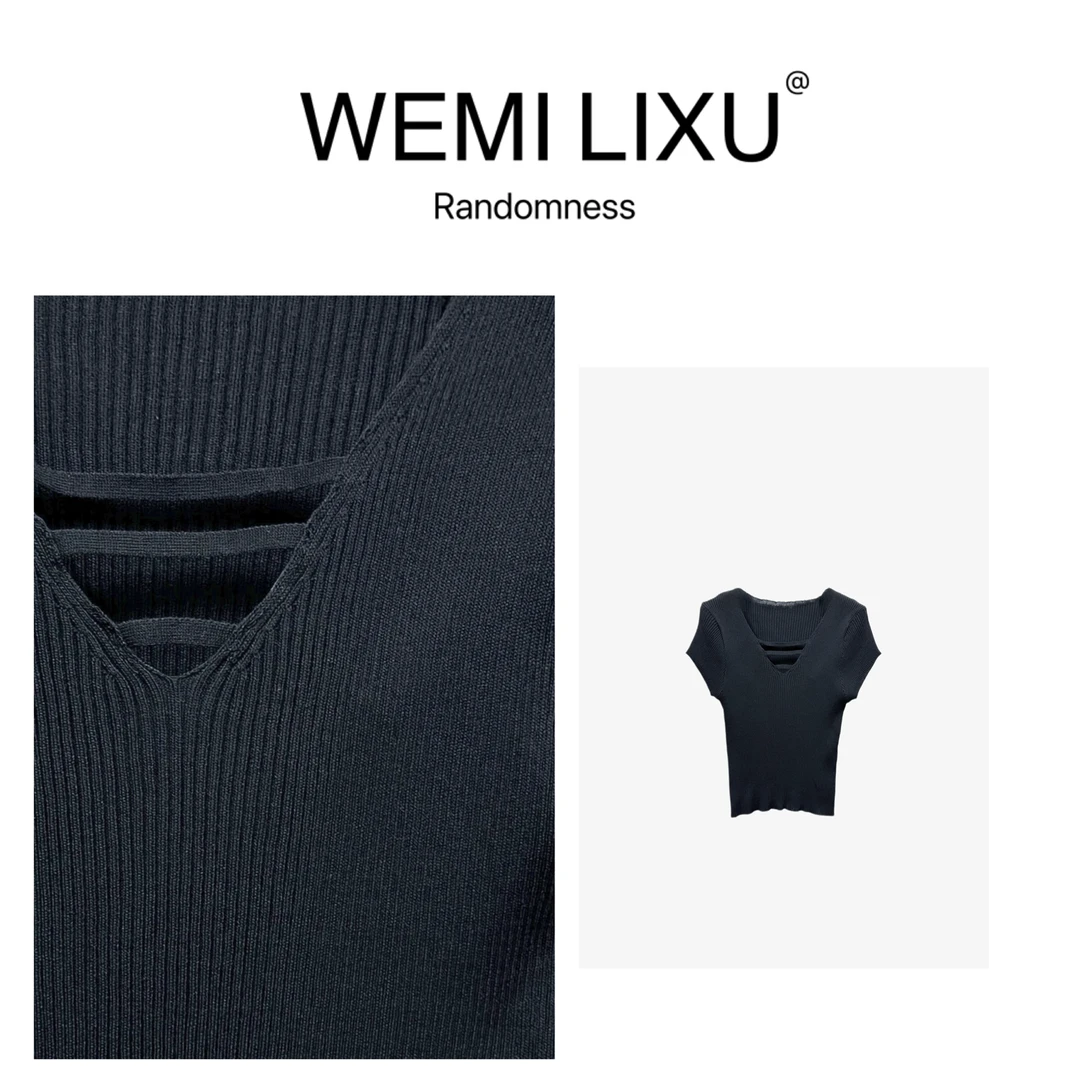WEMI LIXU“浪漫余晖”夏季时尚新款极简V领女装修身短袖针织衫1105