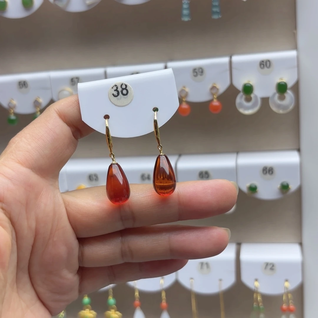 银S925镶嵌琥珀耳饰血珀