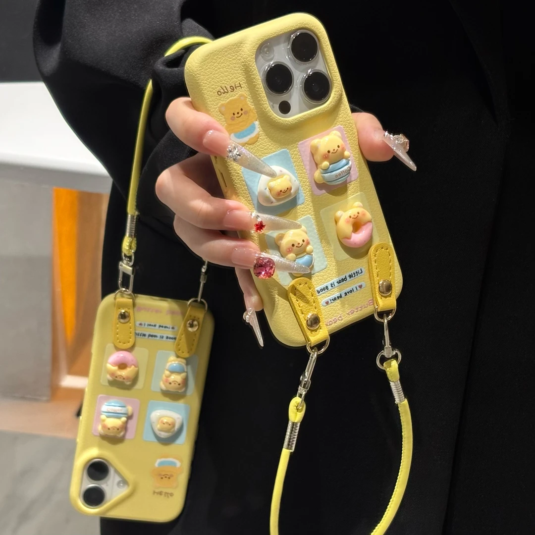 黄油小熊挂绳适用苹果17/16手机壳iPhone15小米14vivoppo华为p70