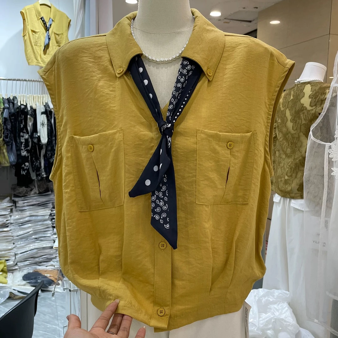 韩系设计感系带丝巾翻领无袖衬衫女夏季小众宽松减龄上衣