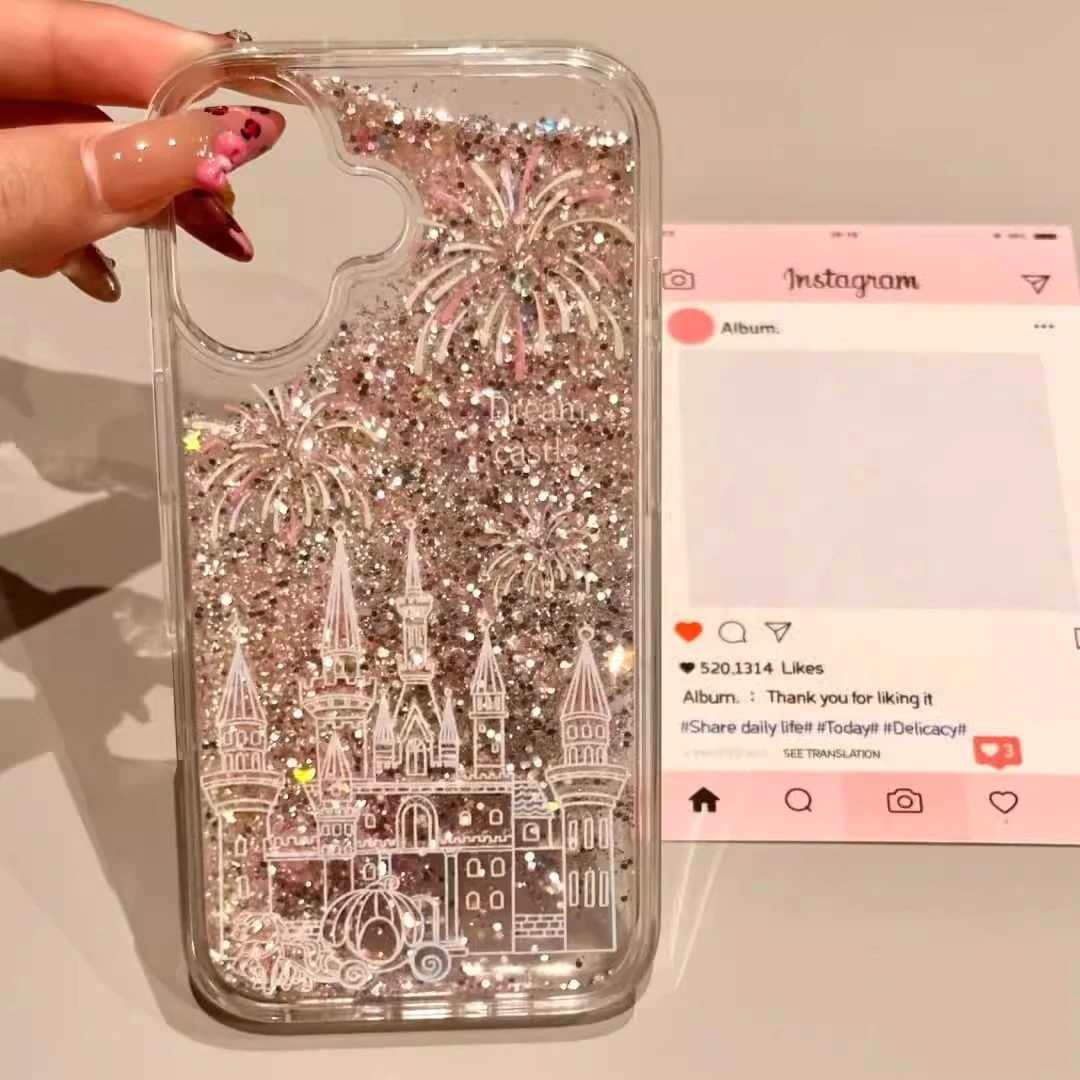 适用苹果16promax手机壳唯美烟花城堡流沙iphone15pro彩绘高级感