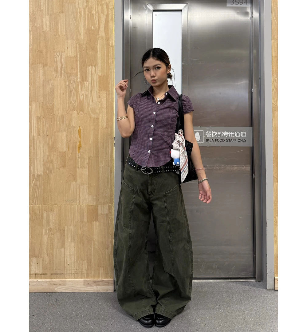 Don Cry美式学院风格子短袖衬衫女夏季辣妹修身显瘦翻领正肩上衣