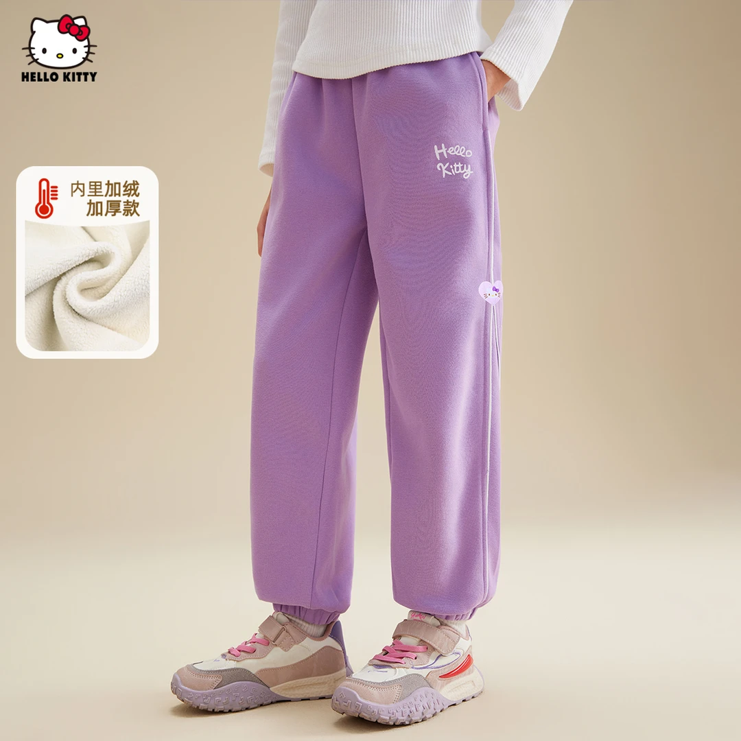 女童冬季加绒卫裤2025新款裤脚侧边爱心标点缀设计中大童裤子