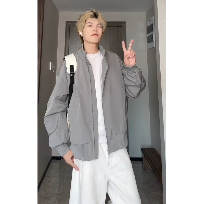 纯色复古美式短款飞行夹克男士初秋穿搭高街立领cleanfit工装外套