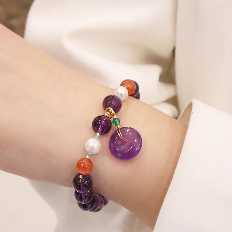 天然紫水晶尚多宝紫水晶手链女南红珍珠平安扣吊坠手串-3025