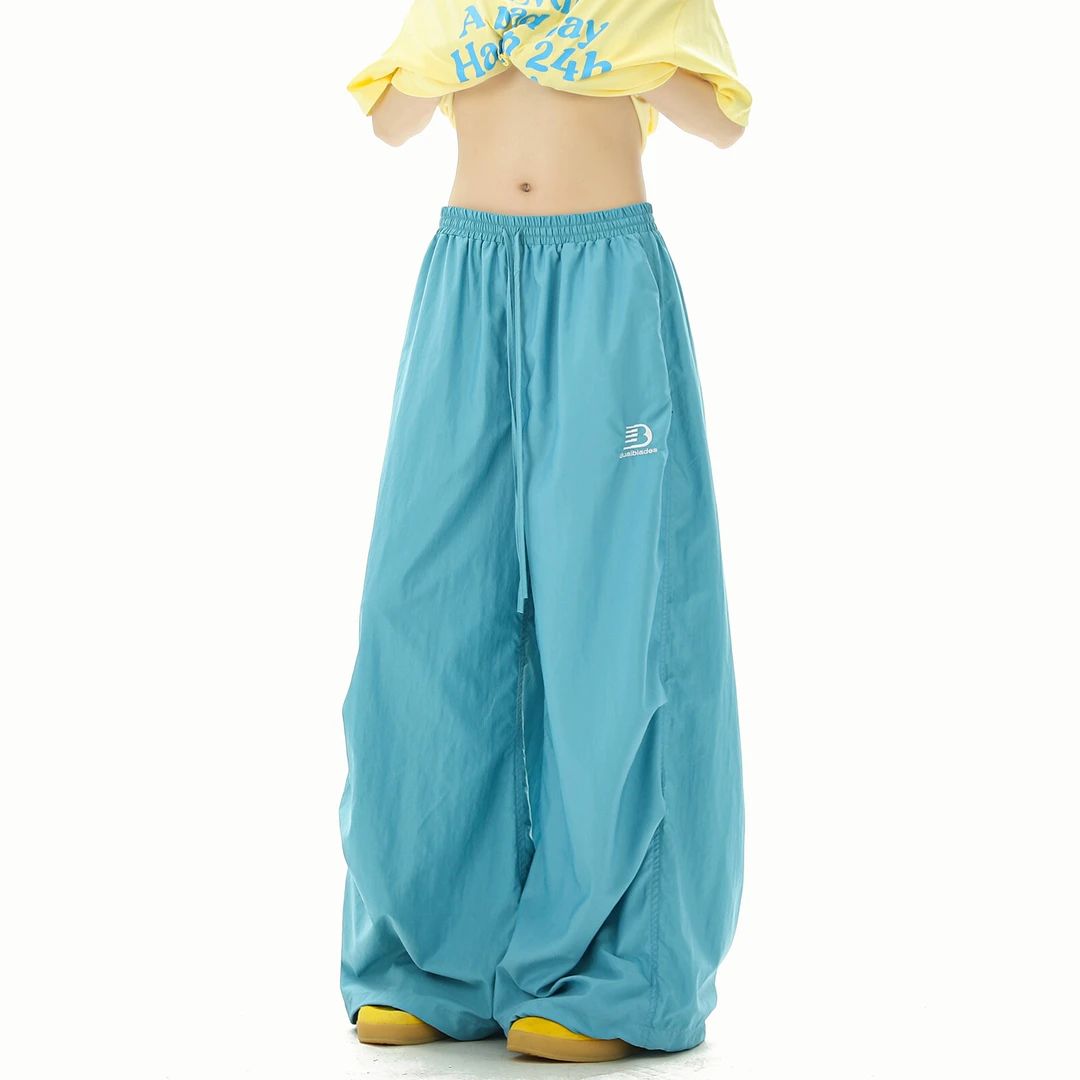 薄荷蓝色刺绣速干休闲裤女夏季薄款凉感宽松裤多巴胺伞兵阔腿裤