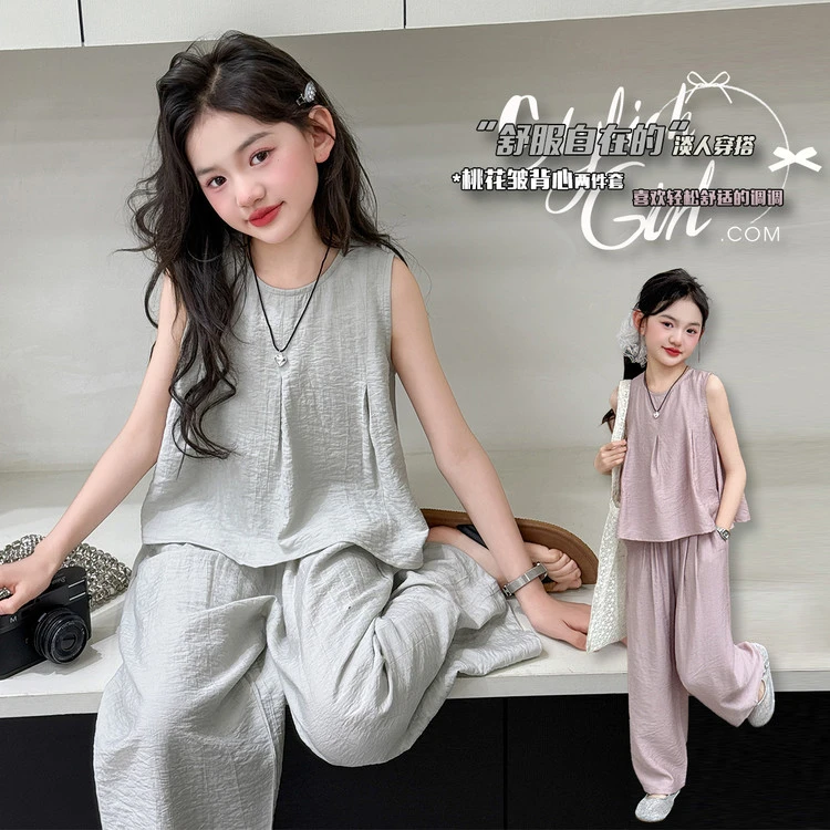 女童中大童新款套装休闲儿童夏装甜美夏季纯色时尚宽松薄款洋气