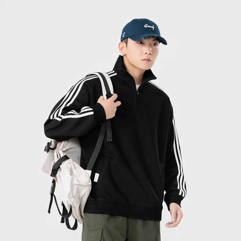 半拉链卫衣男春秋休闲重磅宽松纯色长袖运动上衣加绒百搭保暖外套