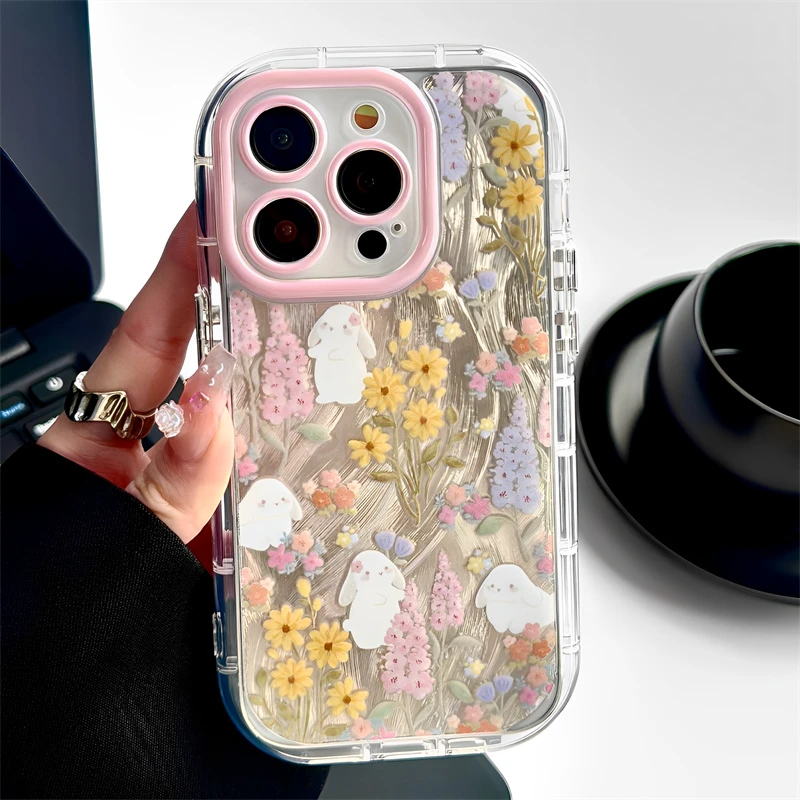 羽纱油画花朵兔子适用iphone16pro苹果手机壳网红女款创意ins小众