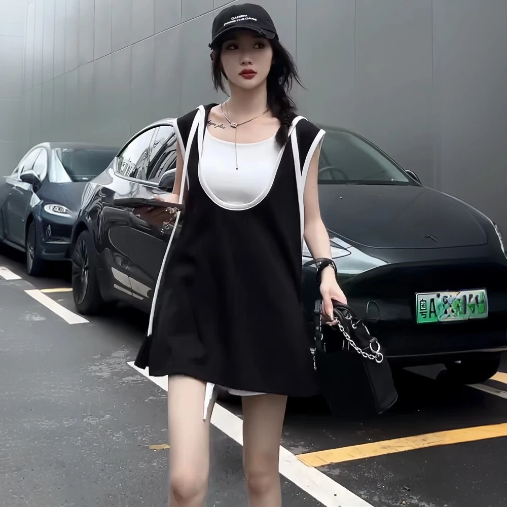 夏季新款韩版时尚显瘦运动休闲套装女慵懒宽松无袖连帽短裤三件套