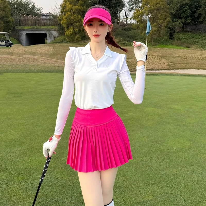 高尔夫服装女夏季翻领小飞袖长袖T恤简约显瘦女士女款夏季裙子