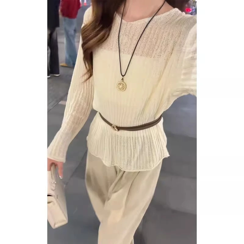 法式圆领镂空长袖冰丝针织衫女夏季薄款外搭宽松防晒罩衫叠穿上衣