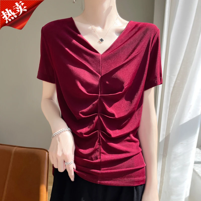 设计感法式V领褶皱短袖上衣气质百搭修身小衫夏季