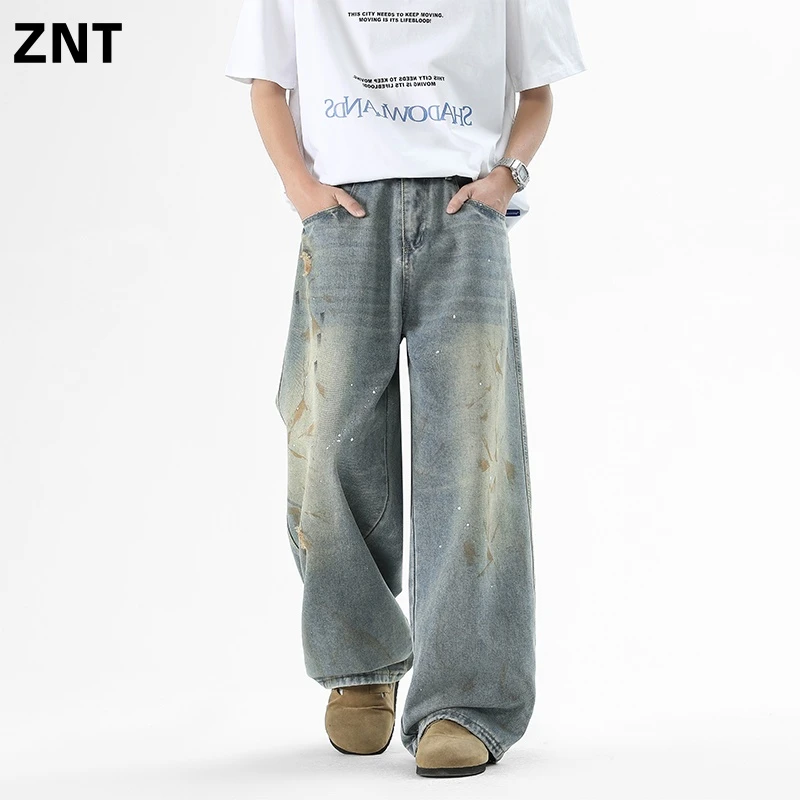 ZNT高街新款美式潮牌泼墨脏染牛仔裤宽松阔版水洗休闲长裤男女