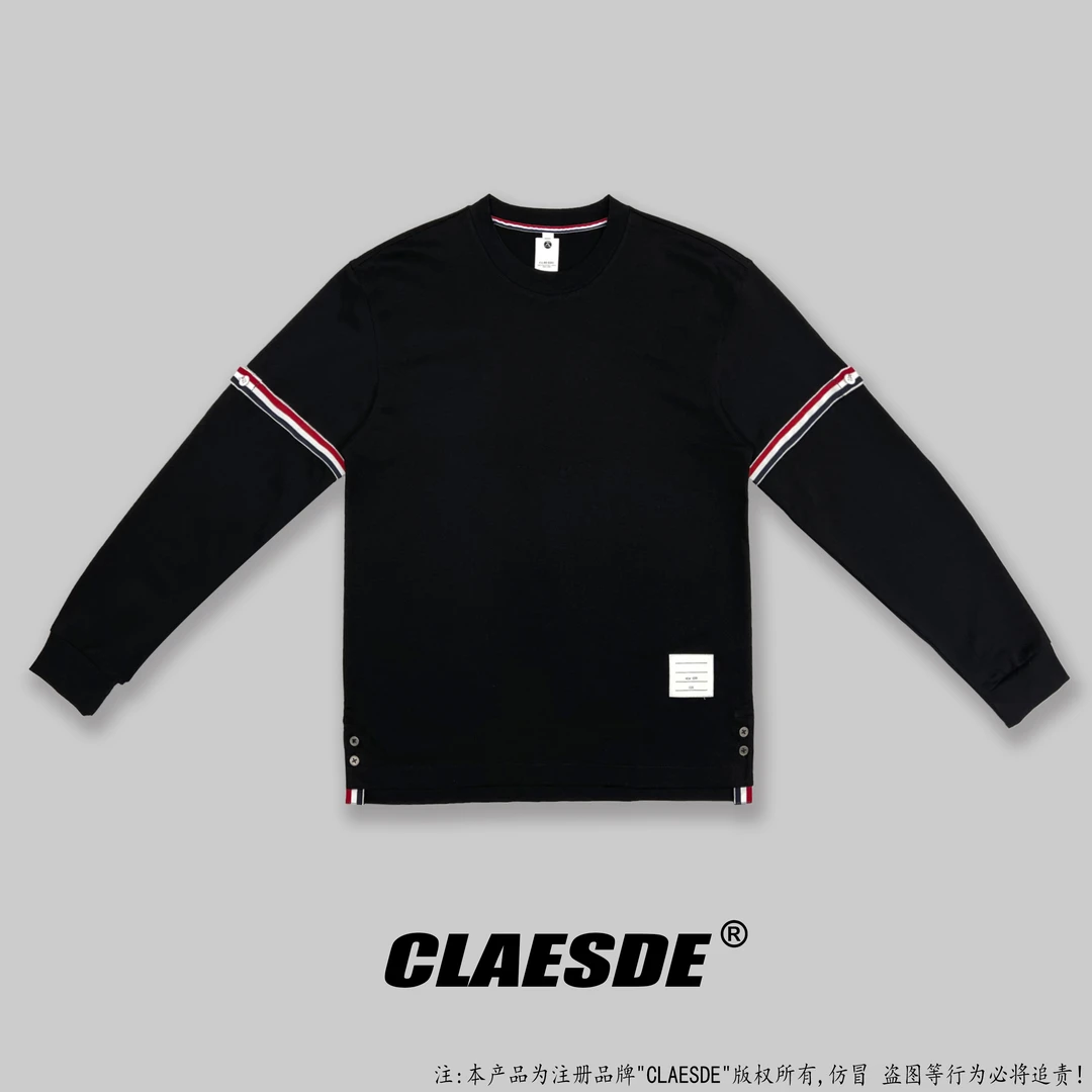 男士长袖打底小衫袖织带款长袖上衣宽松版彩虹条长袖打底T恤9886