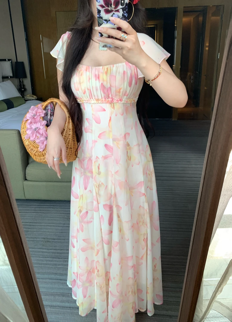 《花间》2025春夏粉色百合花气质女人连衣裙长裙M102