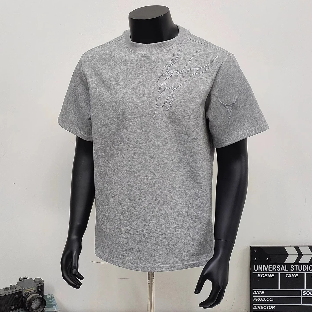 暗纹闪电刺绣t恤男款夏季'锦棉罗马'肌理硬挺短袖高街半截袖T恤