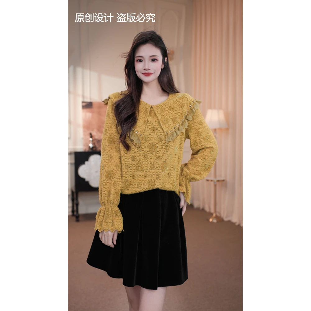 宁宁·山茶花海·秋装花朵拼接气质设计感优雅小衫上衣女装-91162