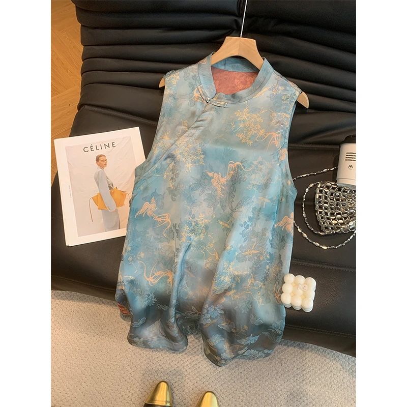 2025夏时尚新中式盘扣国风复古提花宽松无袖高级设计感上衣马甲女