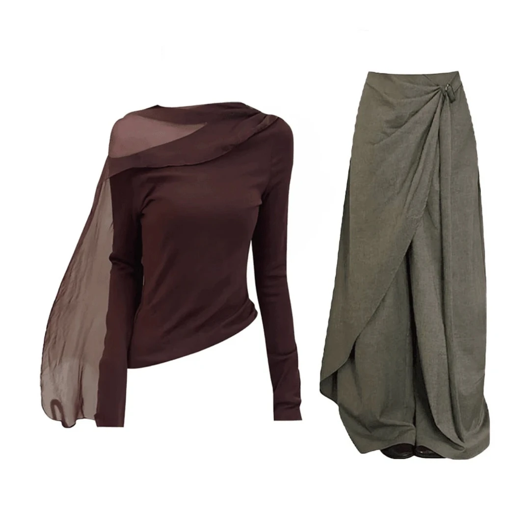 2025秋季美拉德斜肩露肩网纱飘带针织衫设计感宽松阔腿长裤套装女