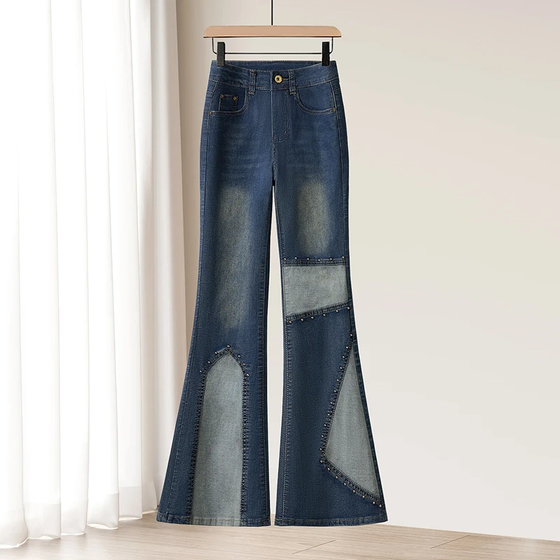 钉珠修身弹力马蹄裤春秋撞色拼接复古蓝高腰显瘦修身微喇叭牛仔裤