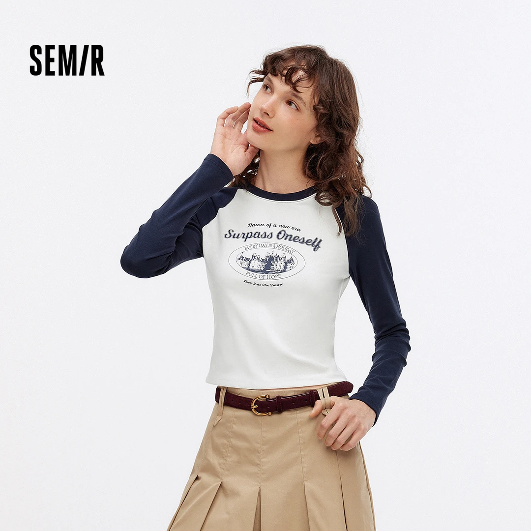 森马长袖T恤女短款插肩袖修身显瘦套头衫秋美式印花字母上衣个性