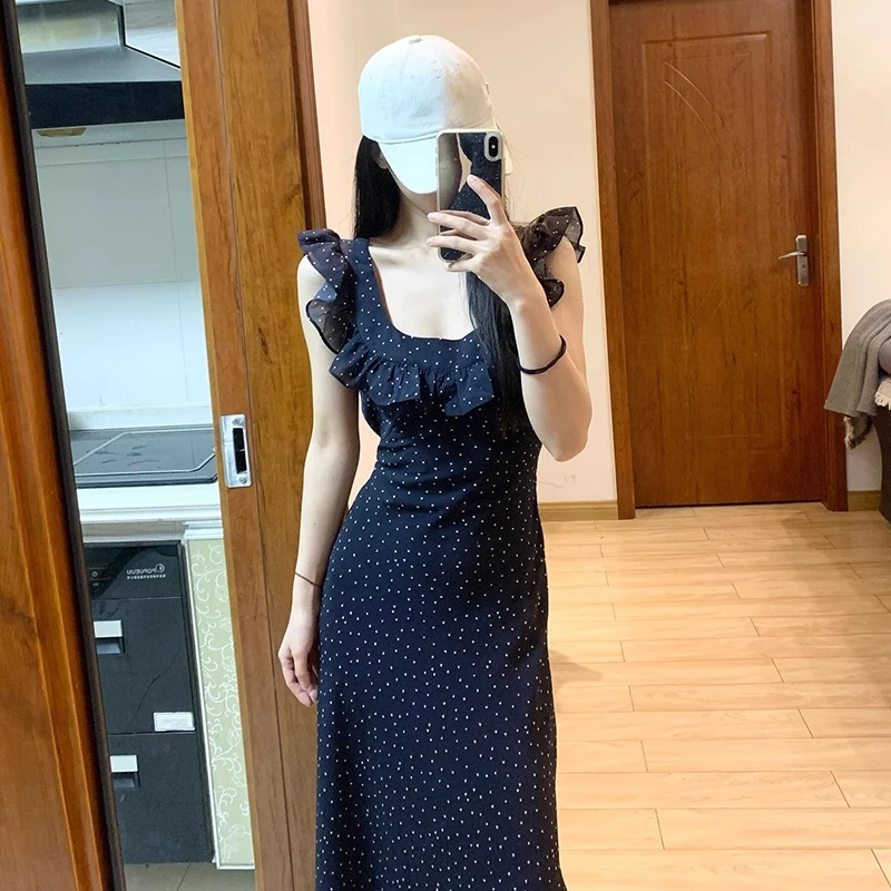 法式蓝色小飞袖波点连衣裙子女装夏季高级感显瘦方领吊带长裙