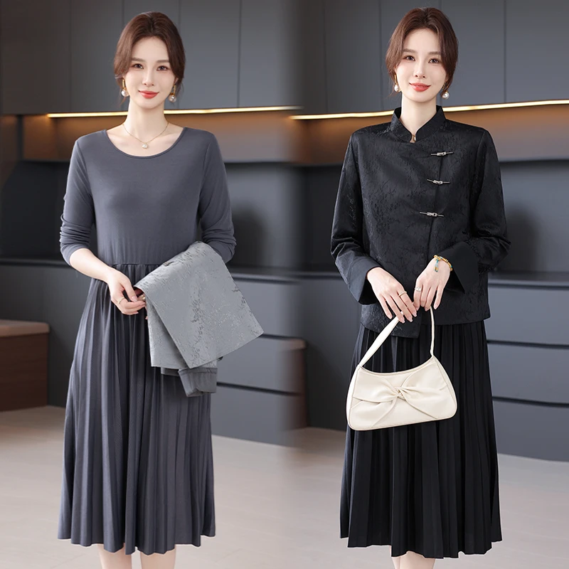 新中式妈妈秋装连衣裙套装2025新款中老年女装春秋唐装外套长裙子