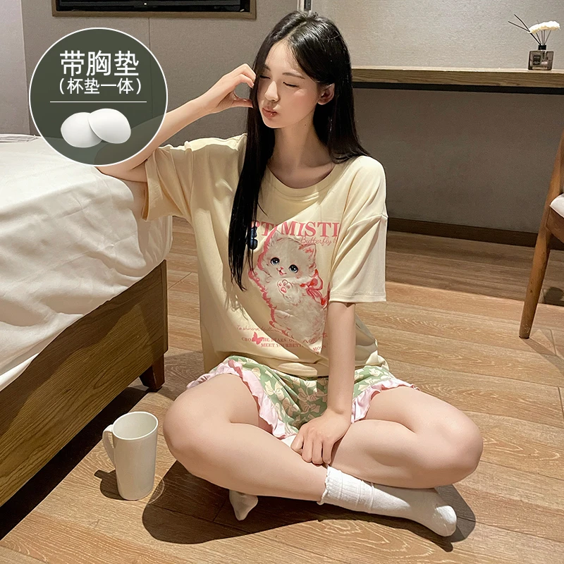 夏季冰丝睡衣女带胸垫短袖短裤甜美花边卡通可爱猫咪家居服可外穿