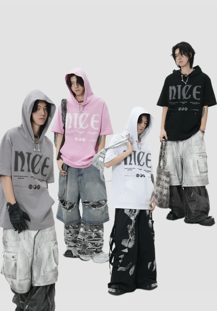 【9528】新款短袖T恤上衣休闲时尚个性潮流情侣男女夏季连帽个性