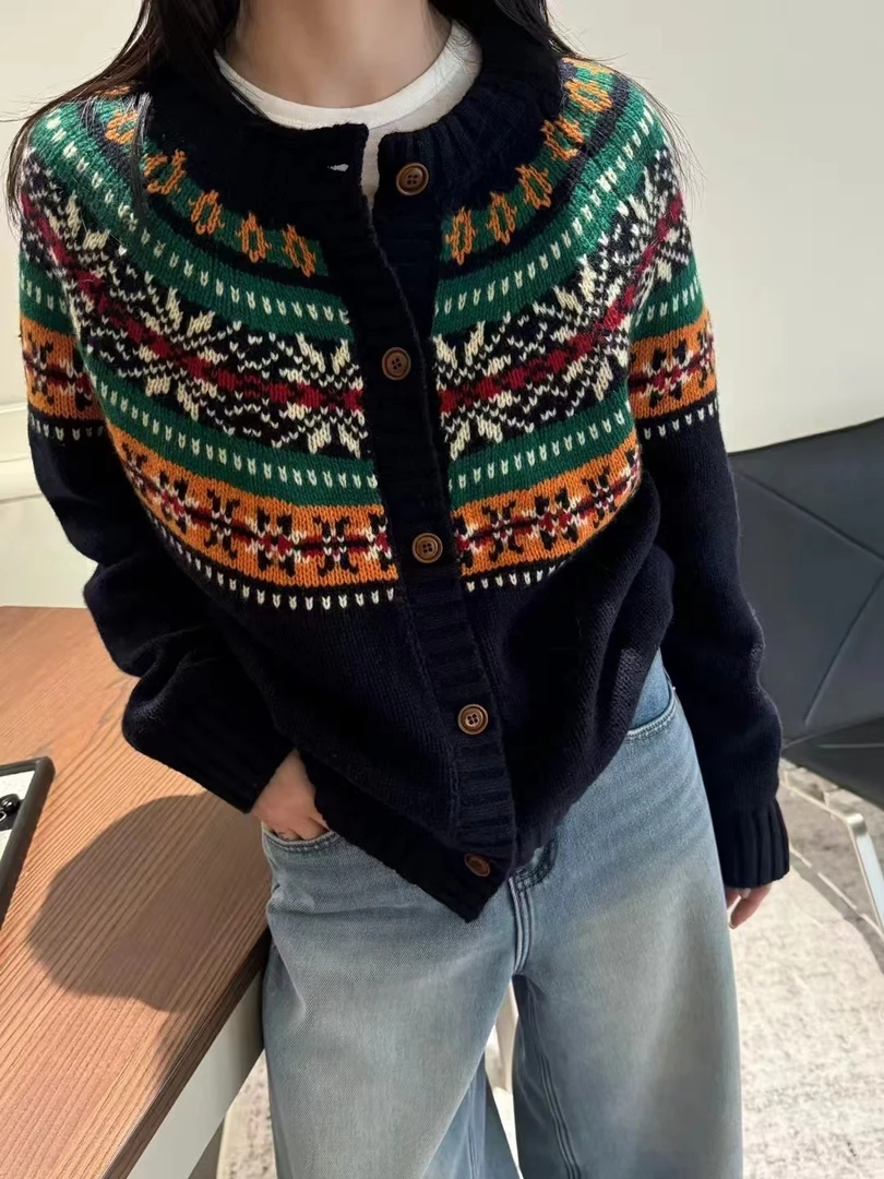 复古风提花撞色圆领单排扣针织开衫外套