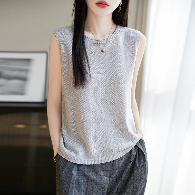 夏季新款亚麻+莱赛尔针织吊带背心女轻薄无袖上衣打底衫西装内搭