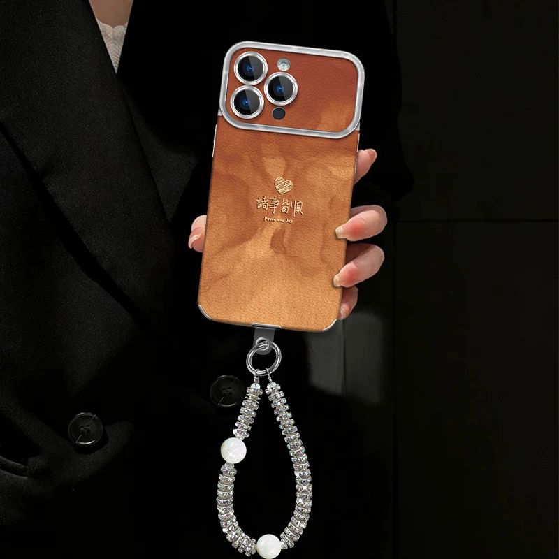 诸事皆顺挂链适用苹果17橙色手机壳iphone15promax电镀羊皮16硅胶