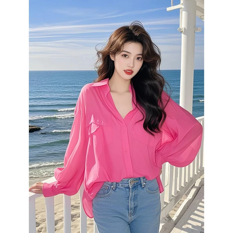 2025春季新款爆款小衫韩系穿搭宽松慵懒风独特漂亮超火玫粉色衬衫